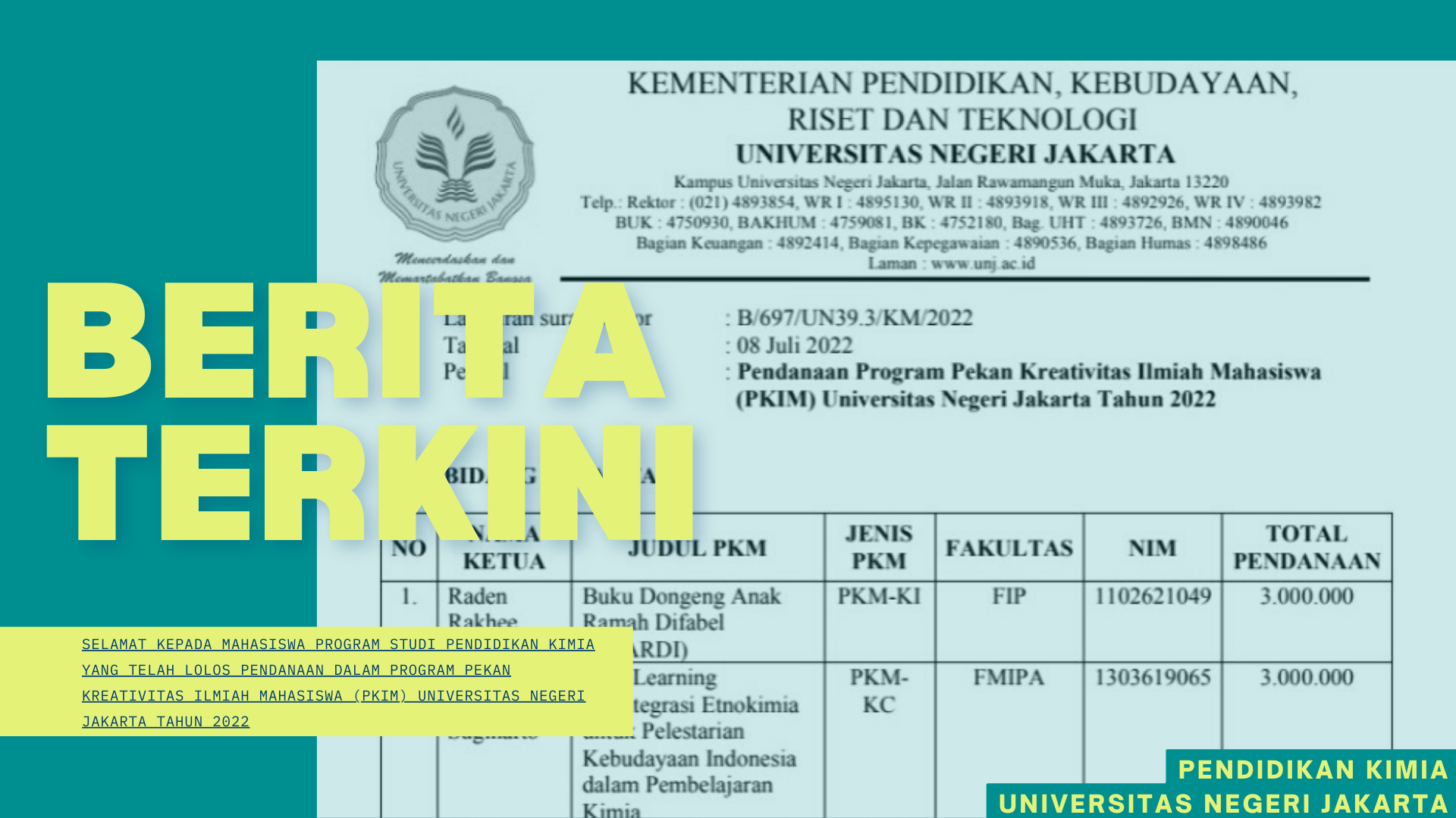 Selamat kepada Mahasiswa Program Studi Pendidikan Kimia yang telah lolos pendanaan dalam Program Pekan Kreativitas Ilmiah Mahasiswa (PKIM) Universitas Negeri Jakarta Tahun 2022